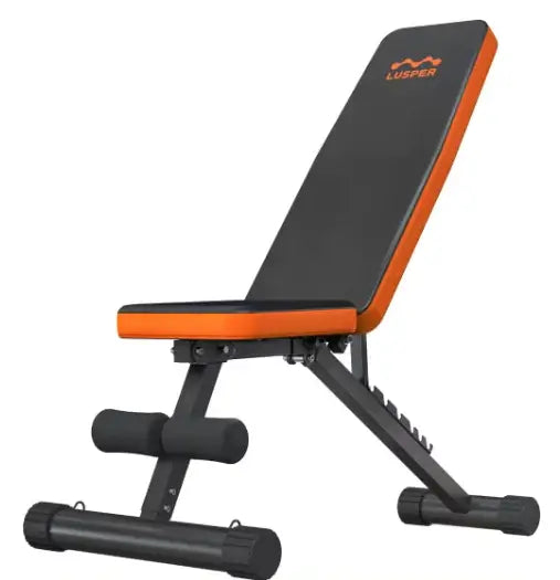 Adjustable foldable home gym bench for versatile workouts and easy storage in a sleek black and orange design.