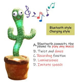 Colorful dancing cactus toy with Bluetooth capability, featuring music notes, recording function, and luminous effects.