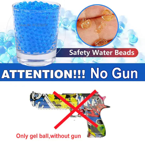 Image showing safety water beads and a toy gun with a no-gun warning, emphasizing fun without firearms.