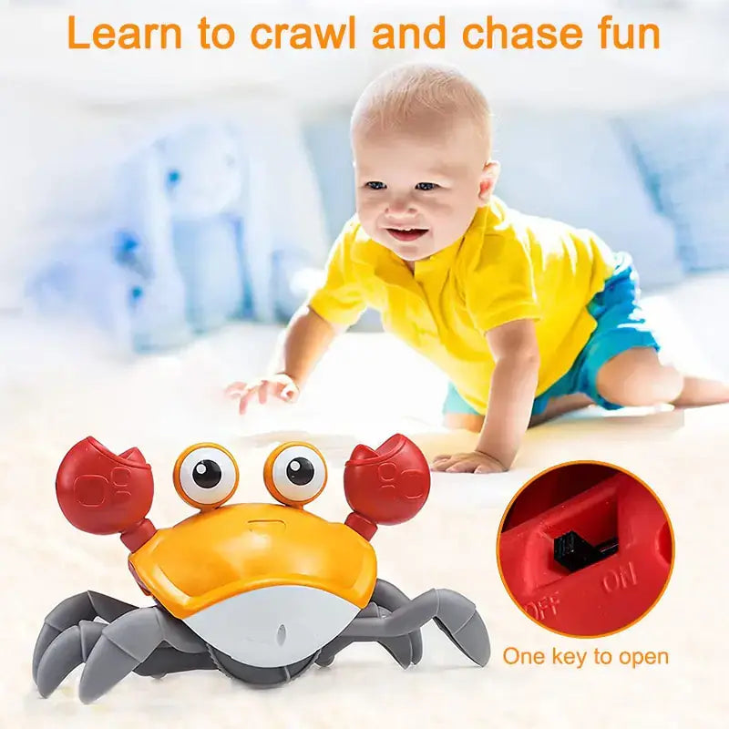 Baby playing with Cute Sensing Crawling Crab toy, encouraging crawling and sensory exploration.