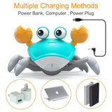 Cute crawling crab baby toy with multiple charging methods: power bank, computer, power plug.