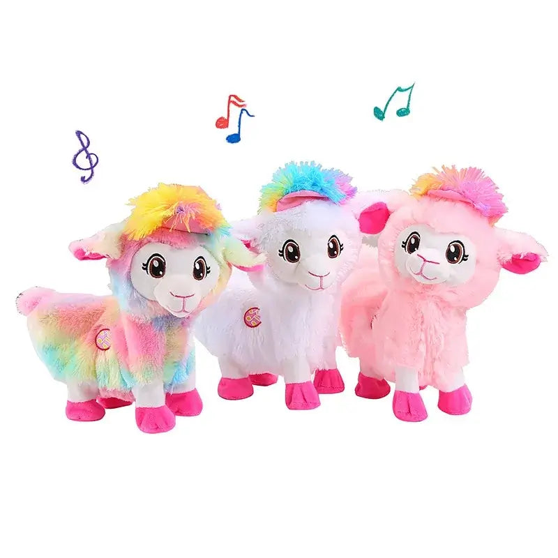 Three colorful plush musical llamas with vibrant manes, designed to entertain and engage children with cheerful tunes.