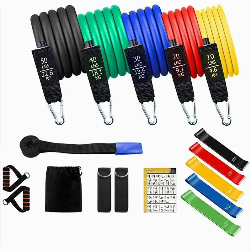 16PCS resistance band set for home gym fitness, versatile for strength training, includes various colors and accessories.