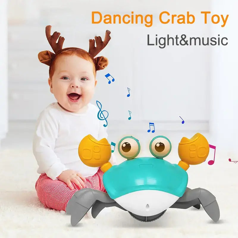 Baby playing with a colorful Dancing Crab Toy that features lights and music.