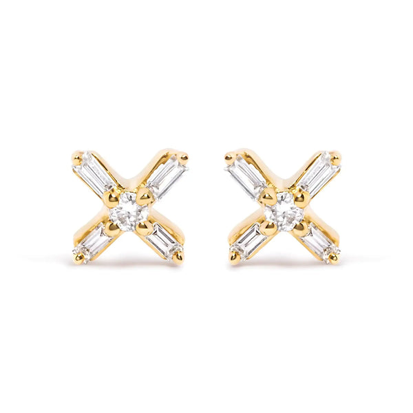 10K Yellow Gold Baguette Diamond X Stud Earring