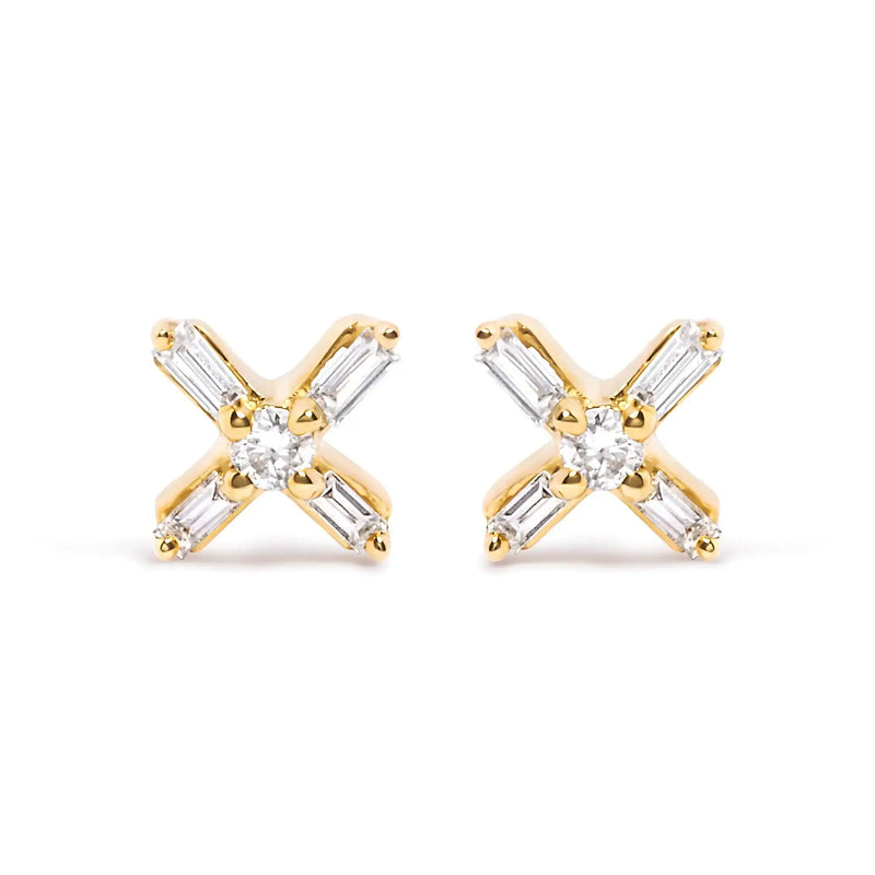 10K Yellow Gold Baguette Diamond X Stud Earring