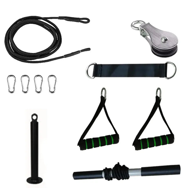 DIY pulley cable gym set including rope, pulleys, handles, and connecting clips for home workouts.