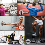 Collage of people using resistance bands for home, travel, outdoor, physiotherapy, and gym workouts.