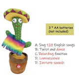 Funny dancing cactus toy wearing a sombrero and colorful poncho, features singing, dancing, and recording options.