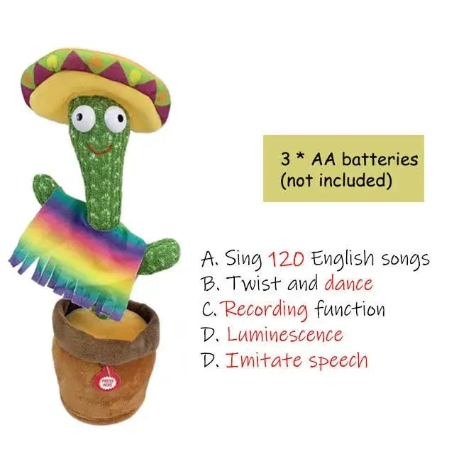 Funny Dancing Cactus toy wearing a sombrero, showcasing features like singing, dancing, and more.