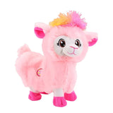 Plush pink llama toy with colorful mane, designed to entertain kids with music and dance.