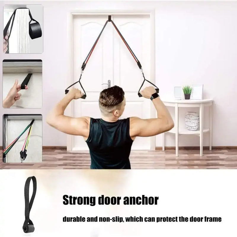 User demonstrating resistance bands with strong door anchor for home workouts and fitness training.