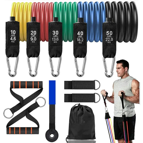 16PCS resistance band set for home fitness, featuring colorful bands and accessories for strength training.