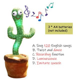 Funny dancing cactus toy with musical notes, features singing, twisting, and recording capabilities.