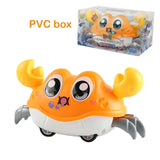 Cute crawling crab toy in PVC box, designed for sensory exploration and baby playtime.