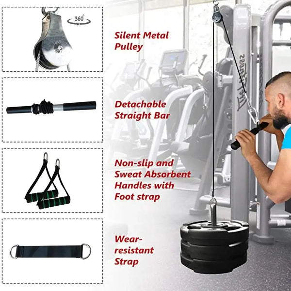 DIY pulley cable gym set components including silent pulley, detachable bar, handles, and weight strap.