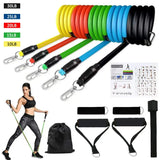 16PCS Resistance Band Set featuring various resistance levels, exercise guide, carrying bag, and workout accessories.