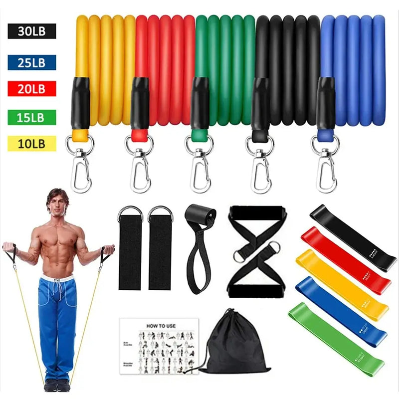 16PCS resistance band set with multiple weights and accessories for home gym fitness training.