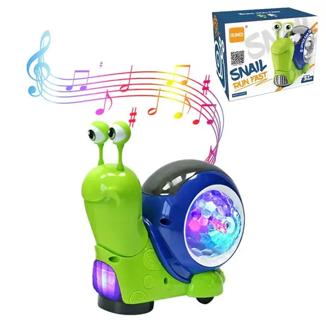 Colorful musical snail toy with lights and box, designed for interactive play and sensory fun.