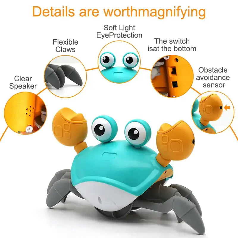 Cute Sensing Crawling Crab toy with flexible claws, clear speaker, and obstacle avoidance feature for babies.