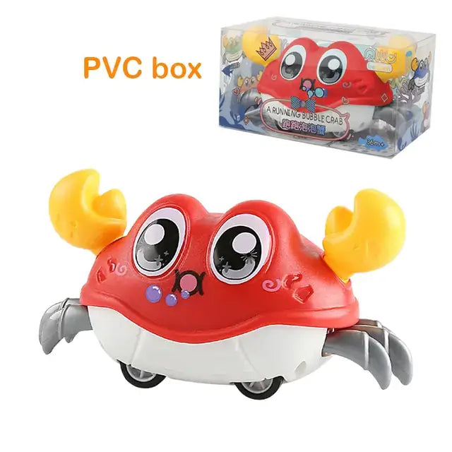 Cute crawling crab toy for babies in a PVC box, promoting sensory play and movement.