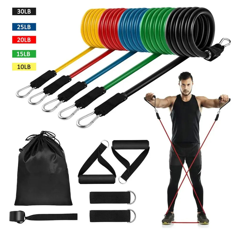 16PCS Resistance Band Set with multicolored bands and accessories for home gym fitness training.