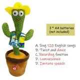 Funny dancing cactus toy with hat, sings and dances, requires 3 AA batteries, brings joy and entertainment.